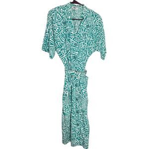 Vintage Wild Dress Green & White Geometric Belted Dress Short Sleeves Size 11/12